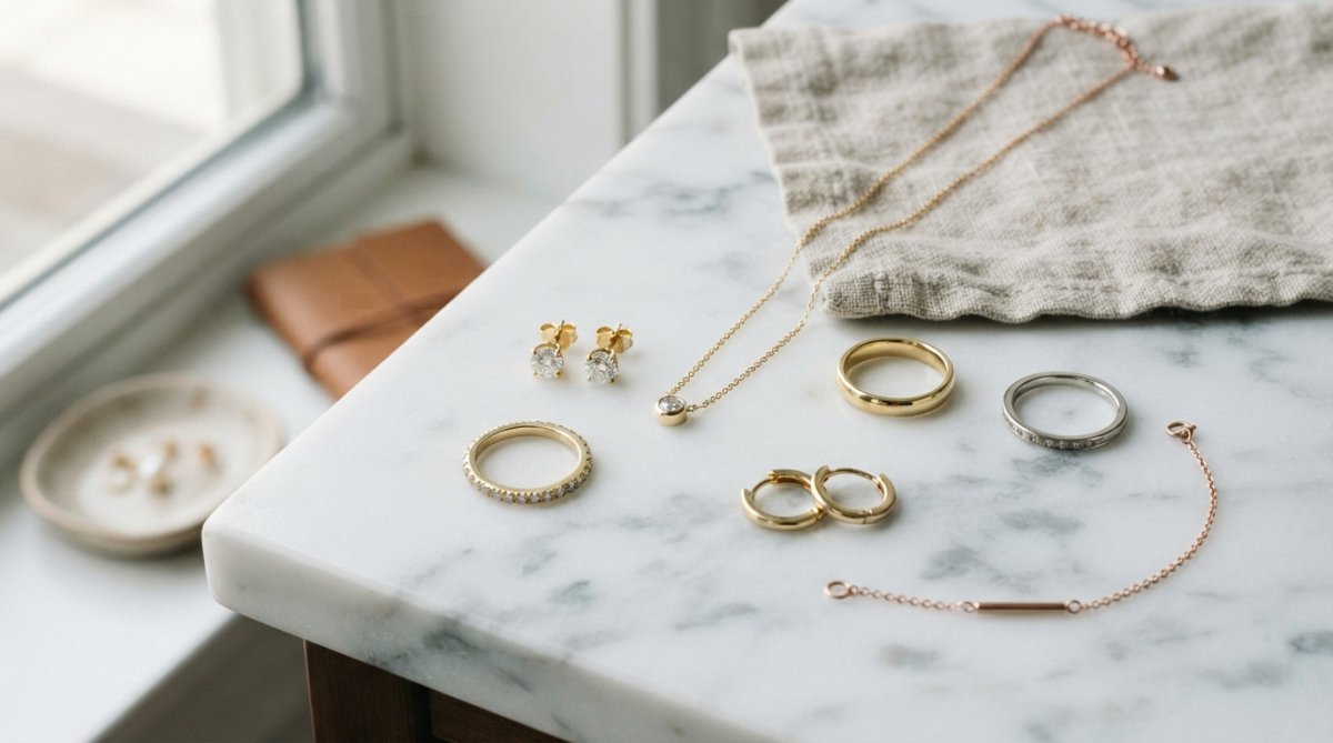 A flat lay photograph of a curated fine jewelry collection on a white marble countertop, featuring diamond stud earrings, a delicate pendant necklace on a 16-inch chain, and a stackable diamond band, all lit by soft, diffused natural window light