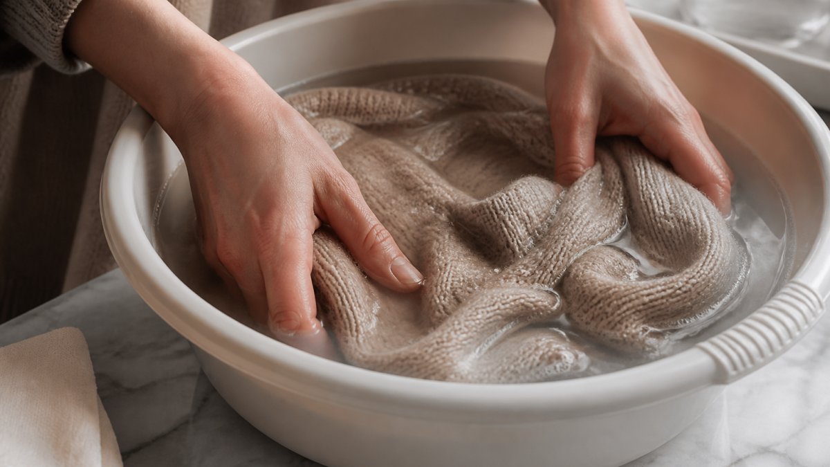 Step-by-step guide for gently hand-washing a delicate cashmere sweater in cool water