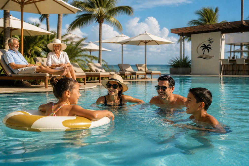 Multi-generational family laughing and relaxing by a resort pool during a luxury family vacation.