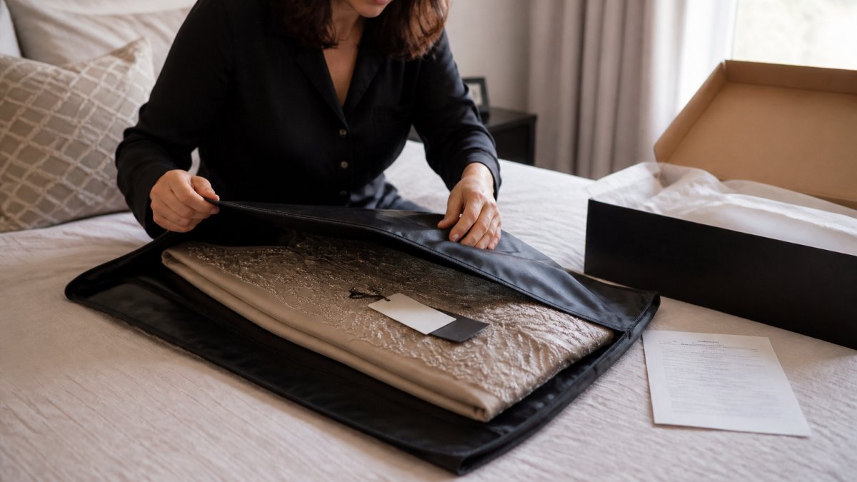 A woman carefully repacking an evening gown with tags into a garment bag alongside a receipt