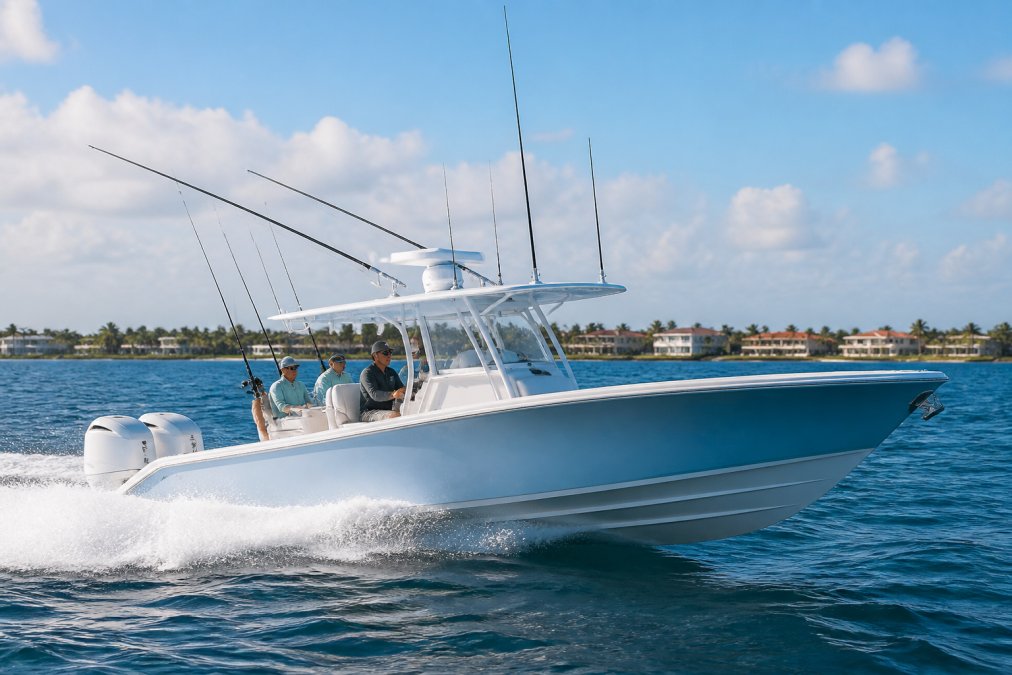 Luxury center console fishing boat cutting through blue water on a sunny day, with anglers visible at the helm and fishing equipment on deck