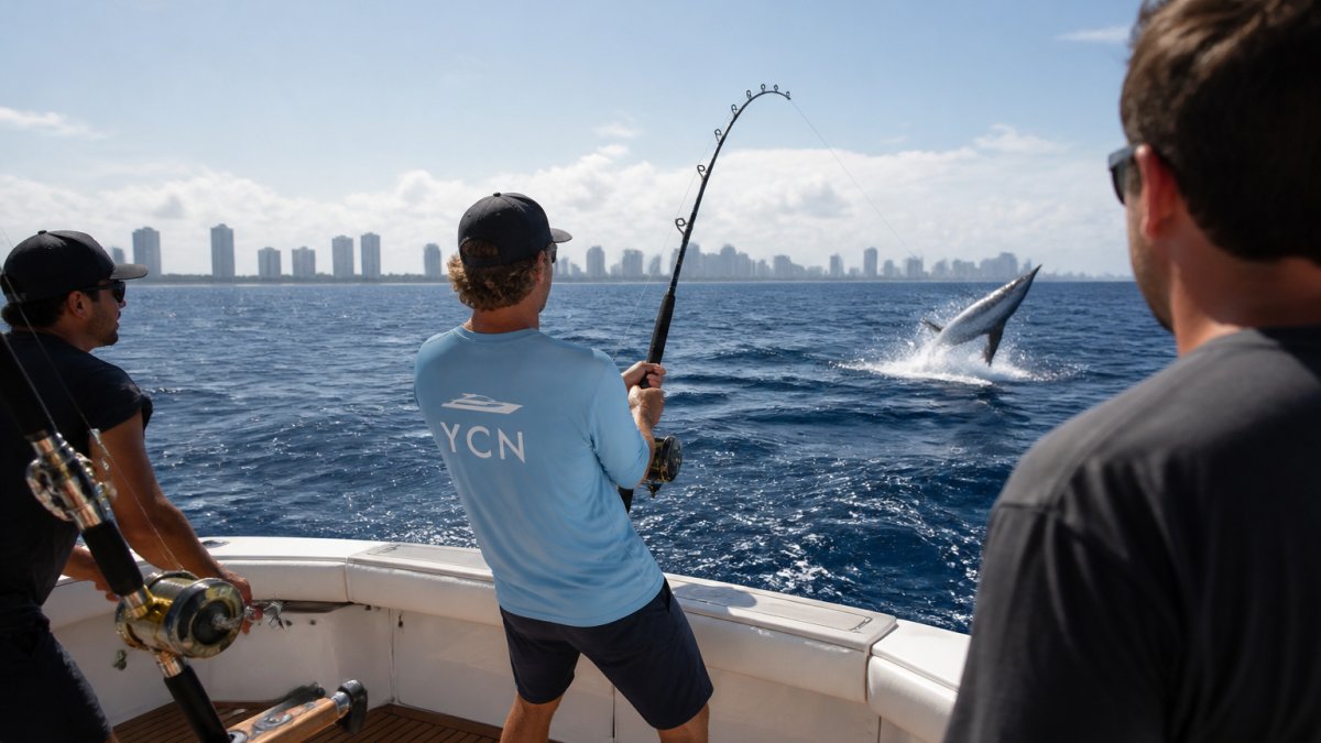 Professional anglers on the deck of a luxury fishing yacht fighting a large game fish, with the ocean horizon and Miami coastline visible in the distance, morning sunlight on the water