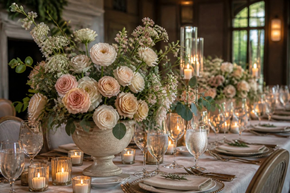 Elegant wedding reception table with sculptural floral centerpiece featuring premium garden roses, eucalyptus, and seasonal blooms in luxury vase with soft candlelight and place settings