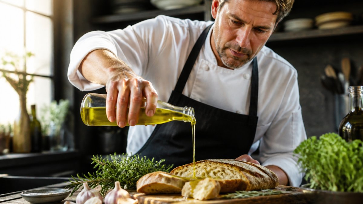 Professional chef examining fresh, vibrant green unfiltered olive oil being poured over warm artisan bread on a wooden board, with fresh herbs and garlic cloves nearby in natural morning light