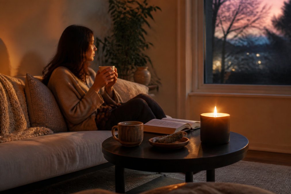 Infographic illustrating how a luxury fragrance candle transforms a cozy living room atmosphere at dusk.
