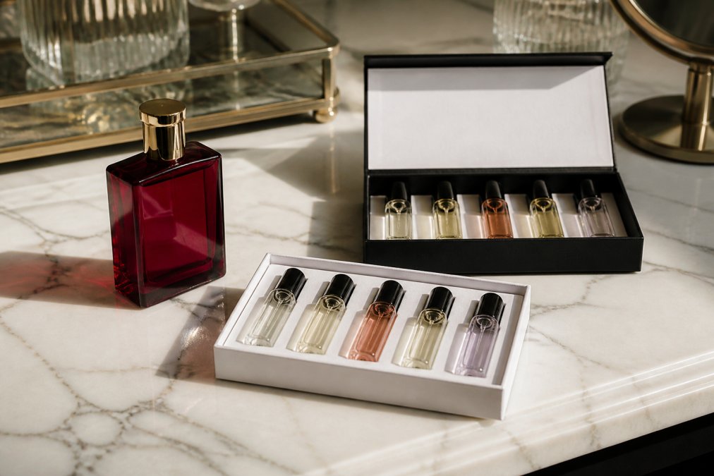 An elegant flat lay of the featured Beautivana perfume bottles, including the crimson glass bottle and several mini gift sets, arranged on a marble vanity with soft natural light