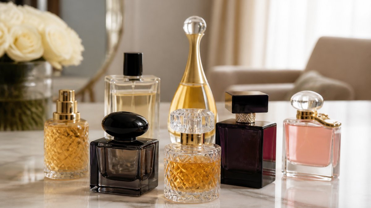 Assorted luxury perfume bottles arranged on a polished marble surface with soft natural lighting