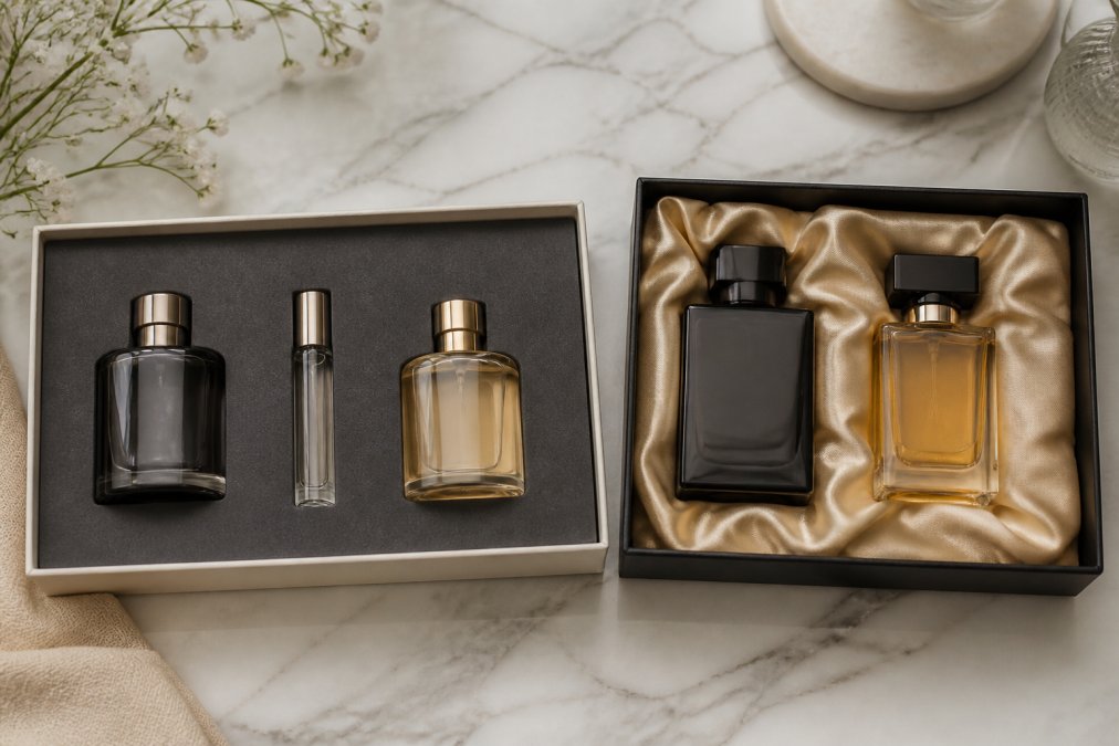 Overhead flat-lay of luxury fragrance gift boxes and bottles arranged on a marble surface with soft natural lighting highlighting elegant packaging and bottle designs