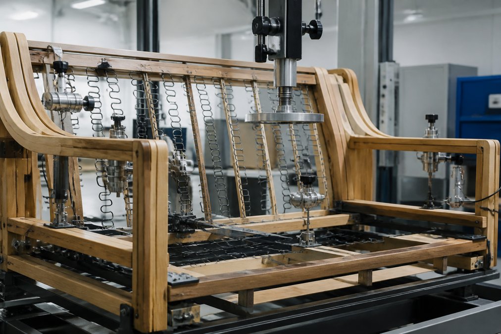 Close-up of a luxury sofa frame undergoing mechanical testing in a laboratory setting, with precision measurement instruments attached to wooden joints and steel support structures, testing equipment applying controlled loads to frame components under bright laboratory lighting
