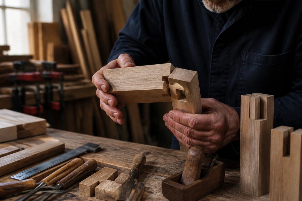 Hands of a skilled craftsperson inspecting fine details of handcrafted wooden furniture joinery, closely examining mortise-and-tenon joints and traditional construction methods under warm studio lighting, with wooden frame components visible in the background