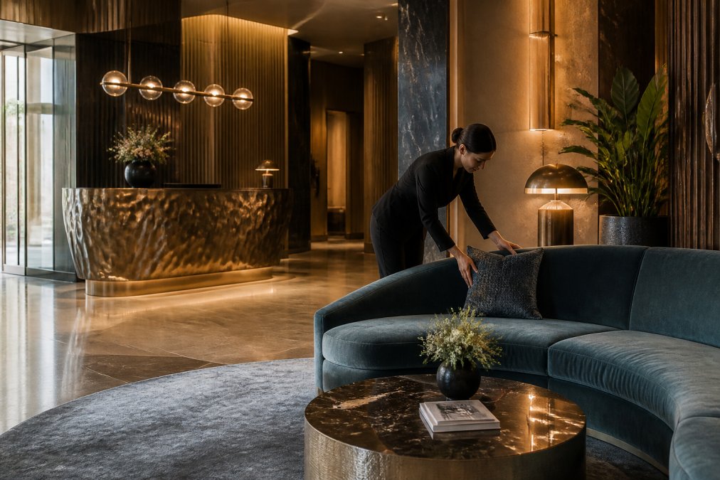 A boutique hotel lobby with a sculptural reception desk, a curved velvet sofa in a seating nook, warm architectural lighting, and a designer arranging a throw pillow before guests arrive