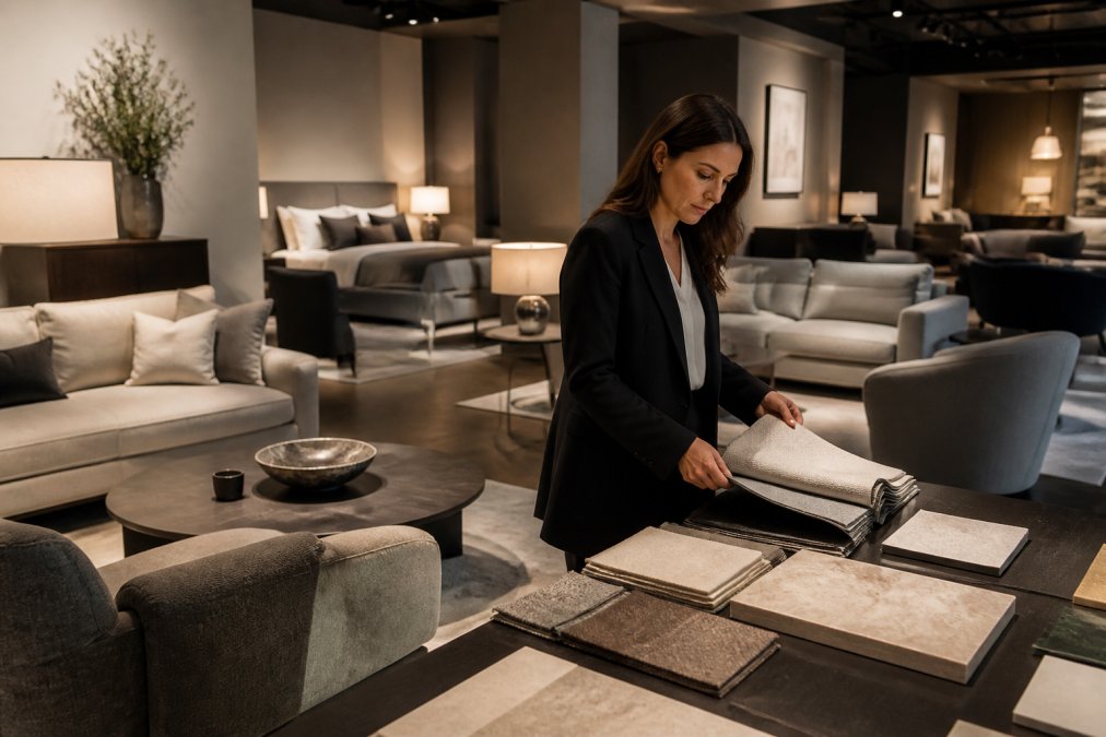 Professional interior designer selecting luxury furniture pieces in modern showroom with hotel suite mock-up displays, warm ambient lighting highlighting fabric textures and finishes