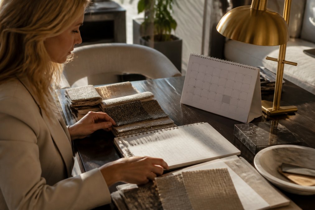 Interior designer reviewing fabric swatches and project timeline notes on a desk, with a brass table lamp and a calendar showing marked delivery dates visible in warm afternoon light