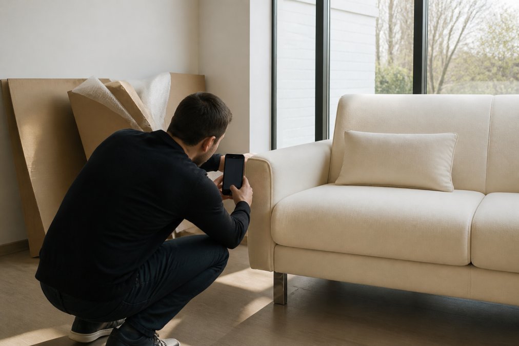 A person crouching down and photographing the corner of a delivered cream luxury sofa with their smartphone, with brown cardboard packaging partially removed and resting against the wall behind them, in a bright living room with natural light from a large window