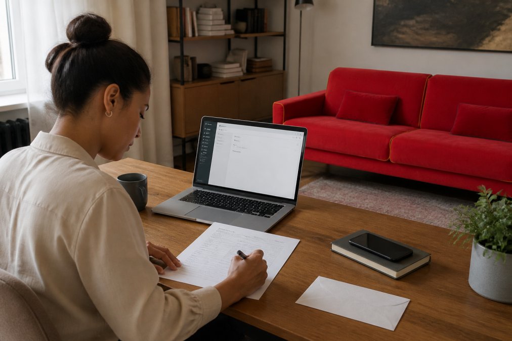 A person sitting at a tidy wooden desk, writing on a printed invoice with a pen, with a laptop open showing an email draft on the screen, in a bright home office with bookshelves in the background