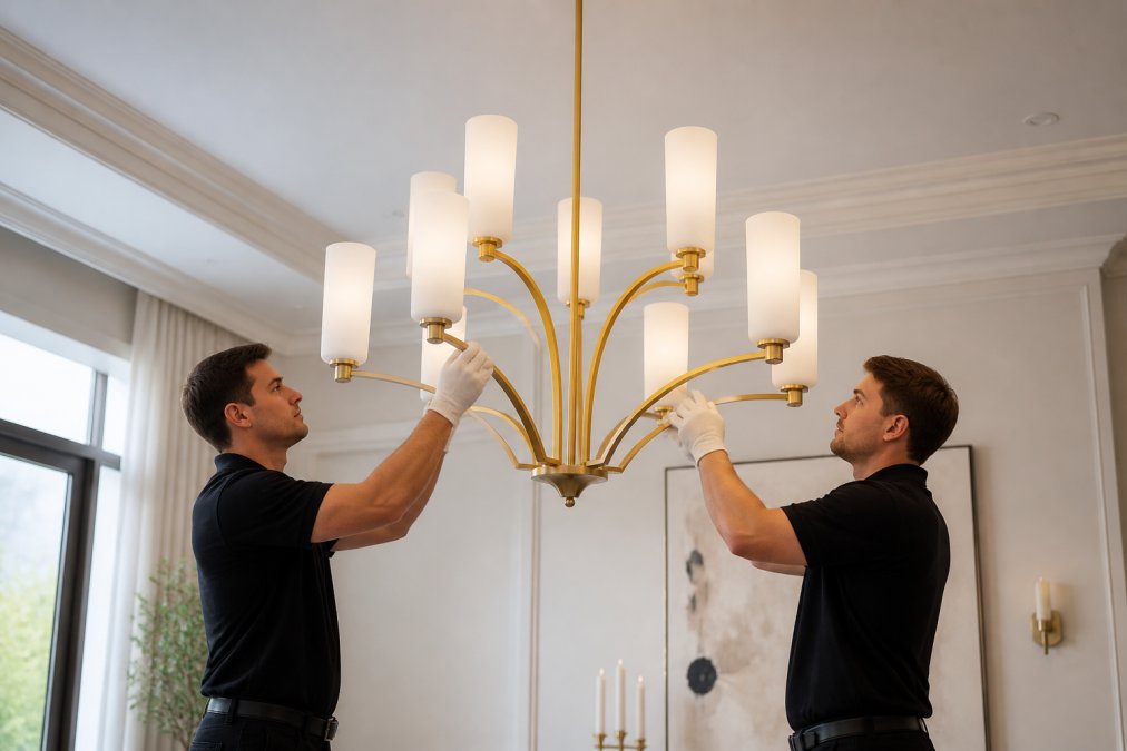Professional delivery team carefully positioning a designer pendant light fixture in an elegant contemporary living room, with white-gloved hands adjusting the fixture and attention to detail visible in the warm ambient lighting