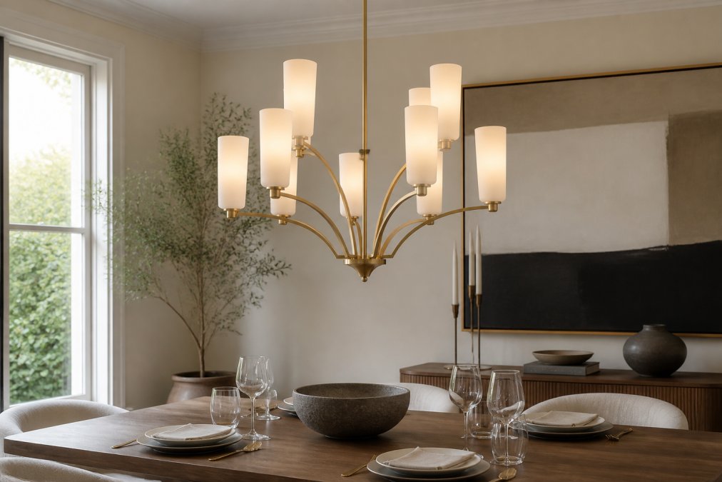 Close-up of a sophisticated alabastro chandelier installed in a contemporary dining space, casting warm diffused light across a refined table setting with designer place settings and natural wood elements