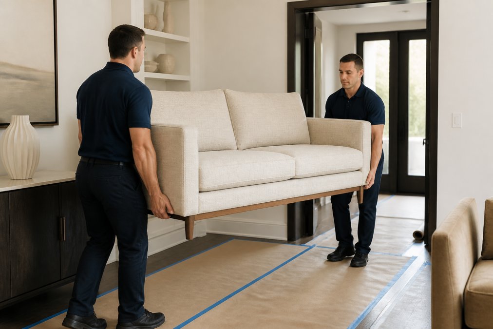 Two professionals performing white glove delivery of a sofa into a bright modern living room.