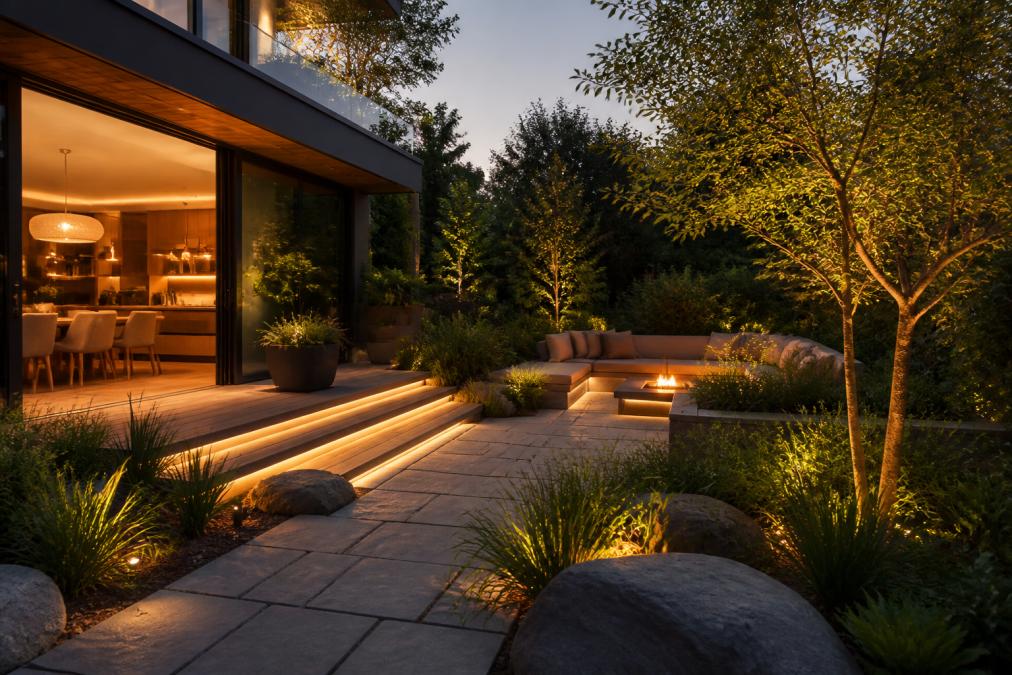 Elegant backyard retreat at dusk with integrated seating areas nestled among native plantings, ambient warm lighting illuminating stone pathways, large glass doors opening from modern home showing seamless indoor-outdoor flow