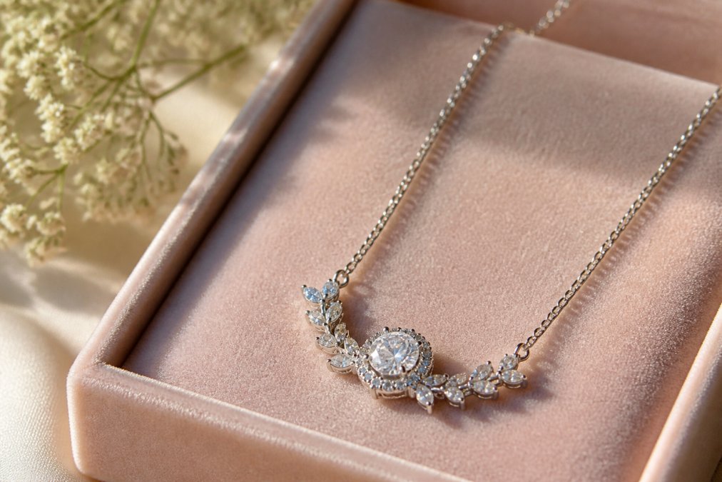 Close-up of an elegant cubic zirconia necklace displayed on a velvet surface with soft natural lighting highlighting the sparkle and intricate craftsmanship