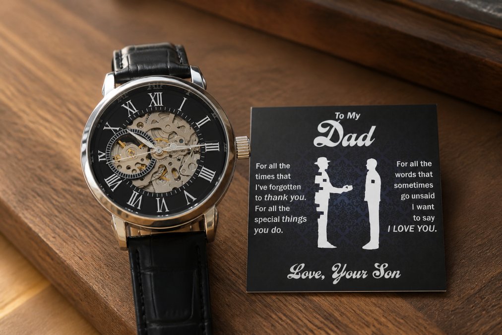 Close-up of luxury watches displayed on a wooden surface with soft natural lighting, showing leather straps, metal details, and skeleton dial mechanisms reflecting warm amber light