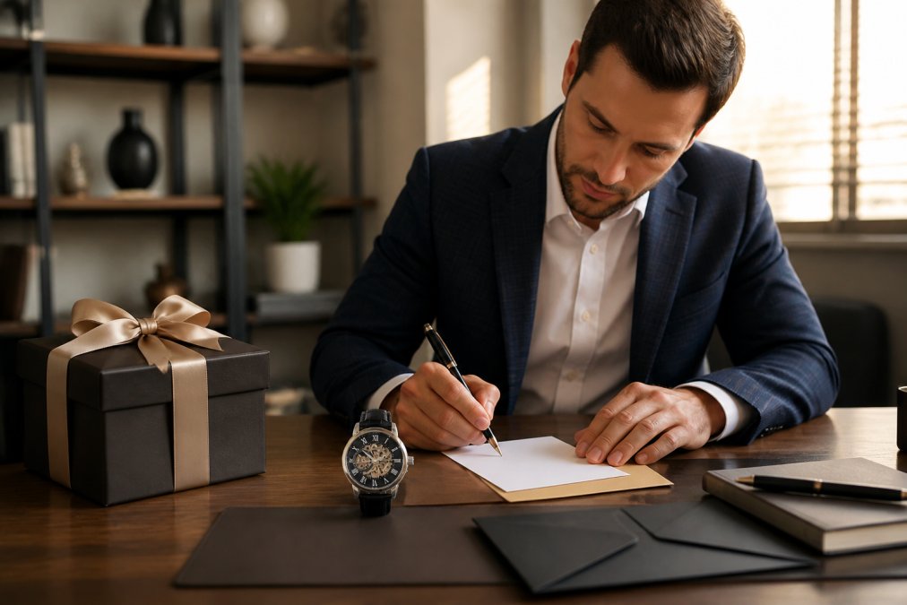 Business professional at a desk writing a handwritten thank you note next to a luxury gift box with ribbon, warm office lighting streaming through windows, focused expression
