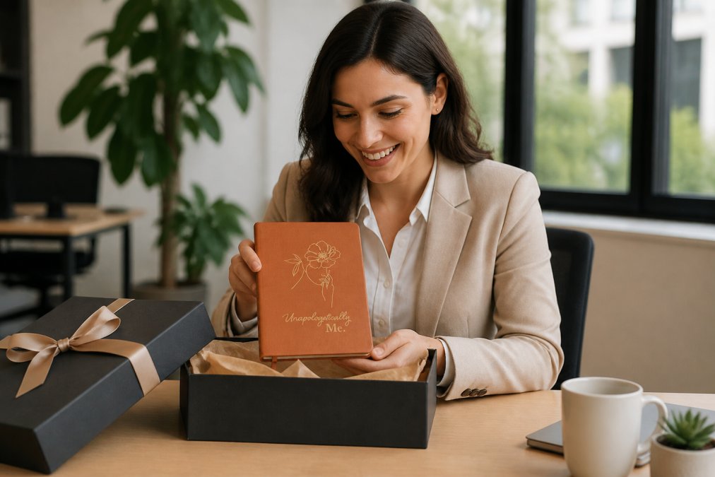 New employee at their desk on their first day, smiling while opening a beautifully wrapped luxury gift box with branded packaging visible, natural office lighting from nearby window