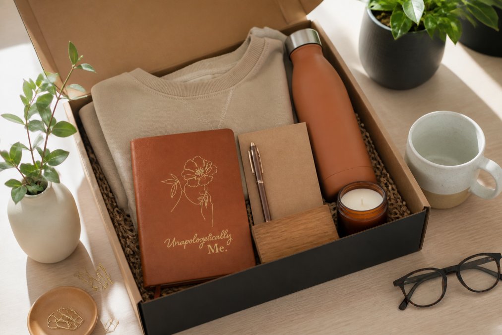 Overhead shot of an elegantly arranged welcome gift box with personalized leather journal, branded apparel, premium desk accessories, and wellness items displayed on a clean desktop with natural lighting