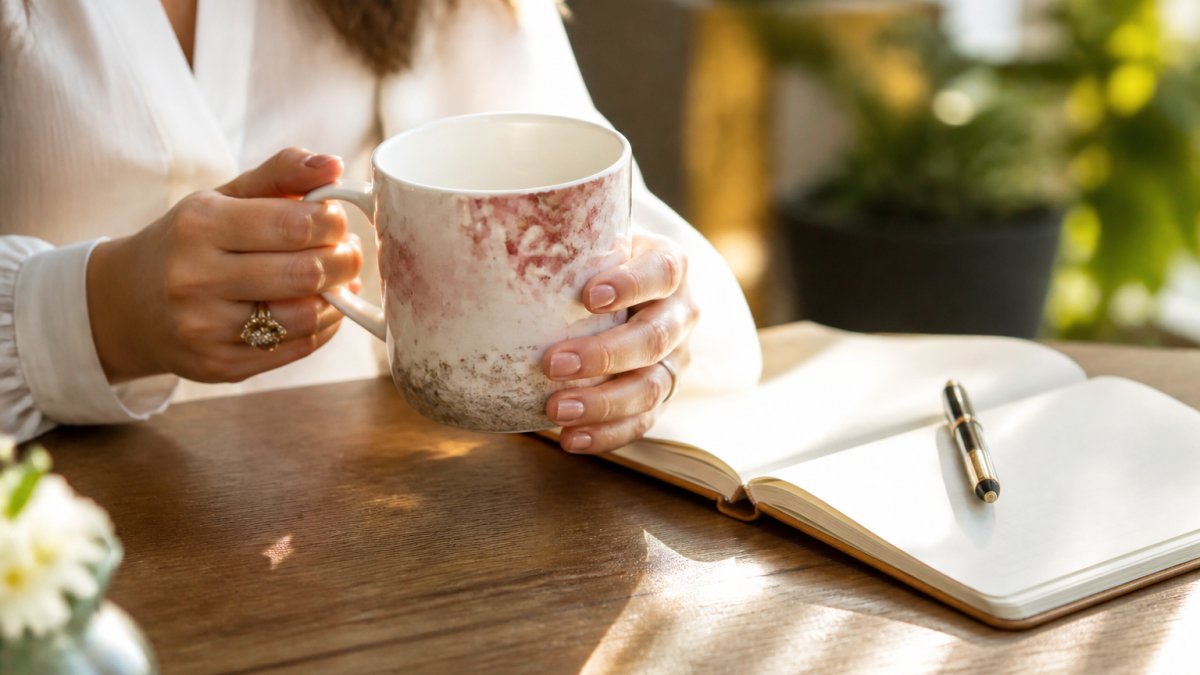 Hands holding a ceramic mug with an inspirational quote on a desk with an open notebook and pen in soft morning light