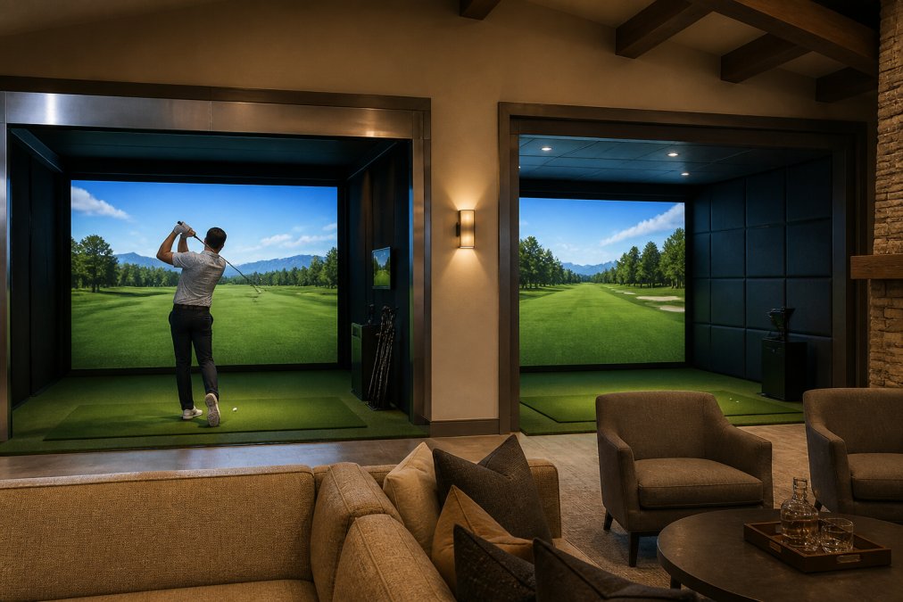Guest mid-swing in a modern lounge featuring a modular luxury golf simulator enclosure and high-fidelity screen.