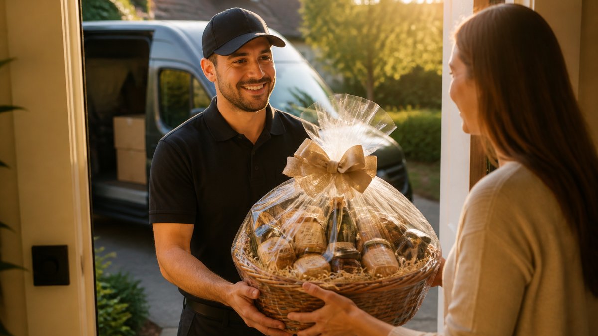 A delivery driver in a clean uniform handing a large, elegantly wrapped gift basket to a smiling recipient at a front door, with a delivery van visible in the background, soft morning light