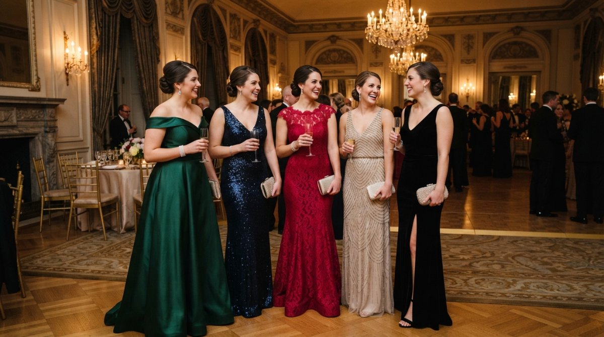Group of women wearing luxurious designer gowns at a formal black-tie event, showcasing different dress styles and colours, standing together in an elegant ballroom with soft golden lighting