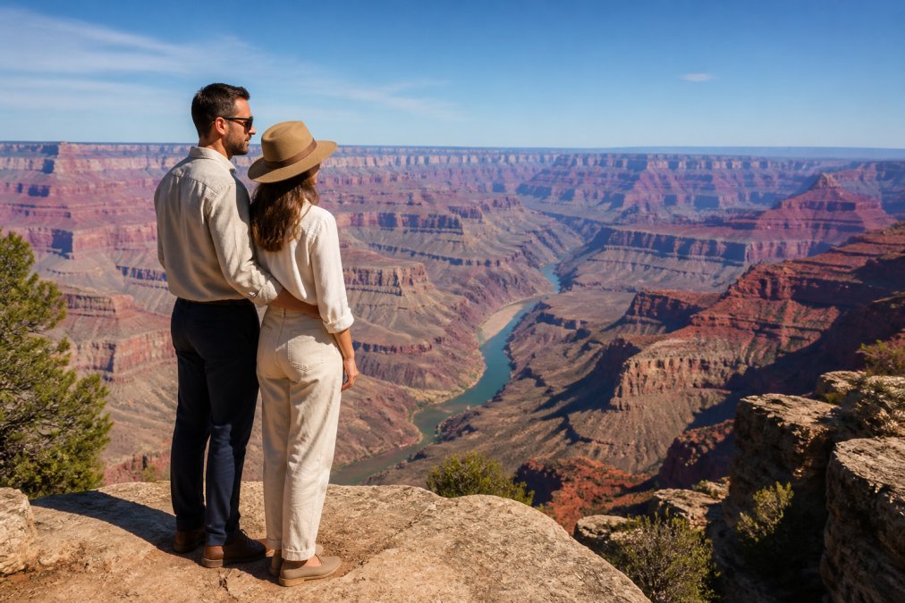 A couple standing at the South Rim of the Grand Canyon with panoramic vistas stretching to the horizon, dressed in smart-casual travel attire, looking out over the Colorado River far below on a clear, sun-drenched morning