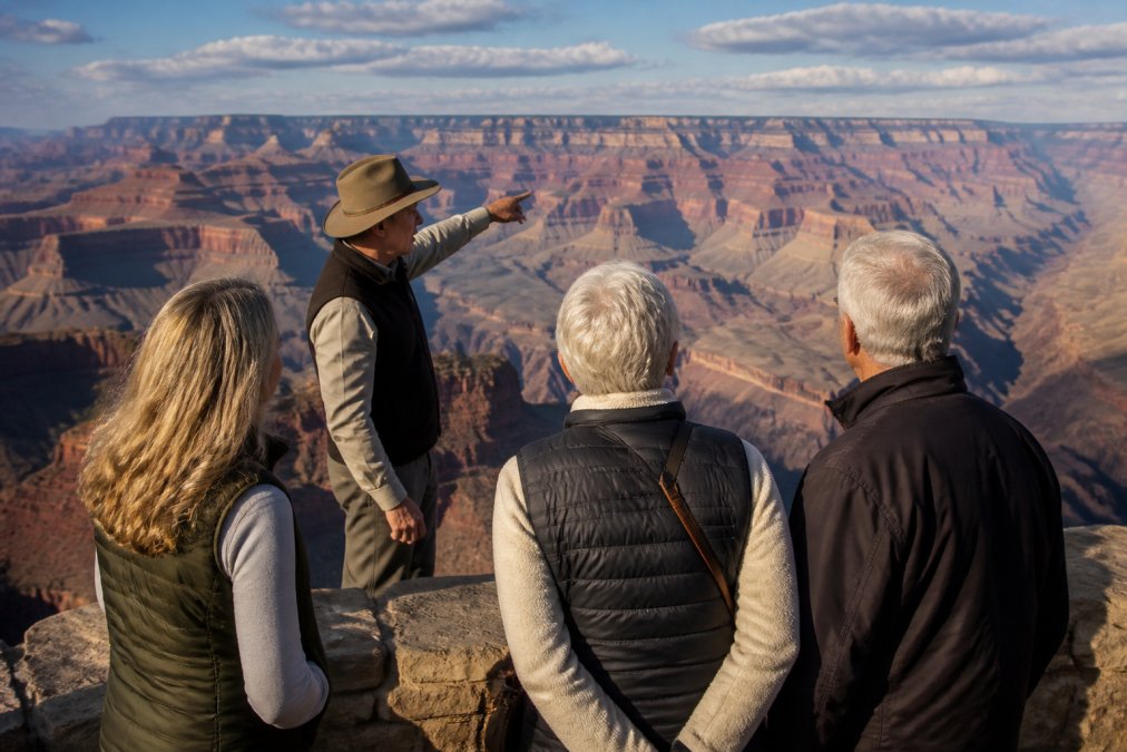 Professional guide pointing out geological features and scenic overlooks to a small group of tourists standing at a South Rim viewpoint with the canyon landscape stretching behind them in afternoon light