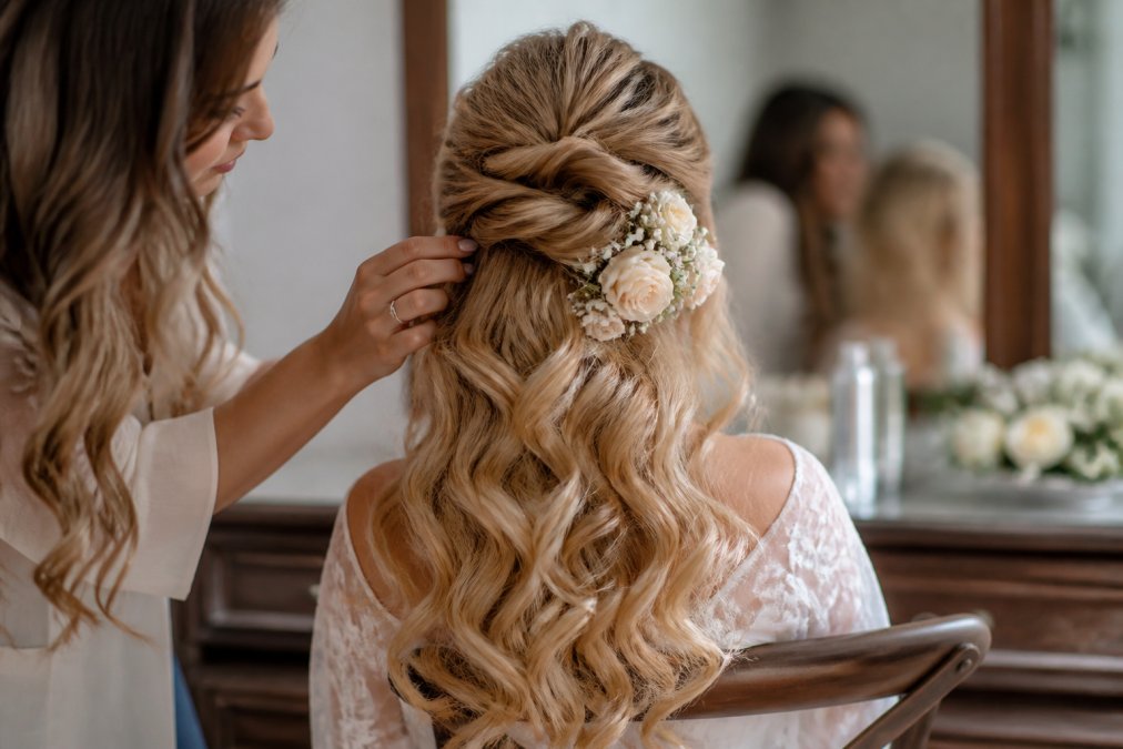 Bride wearing voluminous bridal hairstyle with layered waves and extensions, shown from behind with intricate updo detail and fresh flowers in her hair