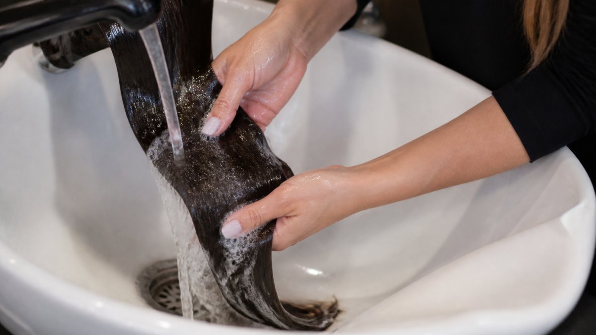 Hands gently working shampoo through hair extensions in a basin with cool running water, showing proper technique with fingertips moving downward along the hair length