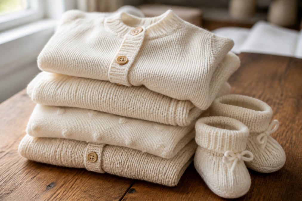 Close-up of a neatly folded stack of soft ivory and cream hand-knitted baby sweaters and cardigans arranged on a warm wooden surface, with a small pair of knitted baby booties resting beside them in soft natural window light