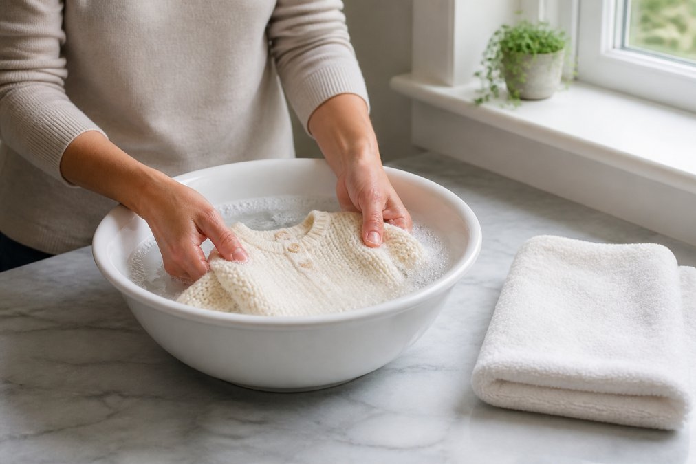 Gentle hands carefully hand-washing a small cream-colored knitted baby sweater in a white ceramic basin filled with lightly soapy cool water, with a neatly folded white towel placed on a clean countertop nearby, soft morning light from a nearby window