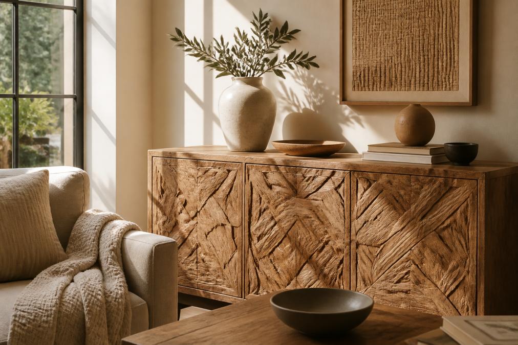 A sunlit living room corner styled with a hand-carved mango wood sideboard, a sculptural ceramic vase, and a textured throw, warm earthy tones, natural materials, refined lived-in space