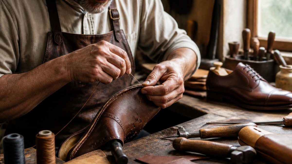 Close-up of a master artisan's hands stitching a full-grain calfskin oxford upper in a Spanish workshop, leather tools and thread visible on the workbench under warm window light
