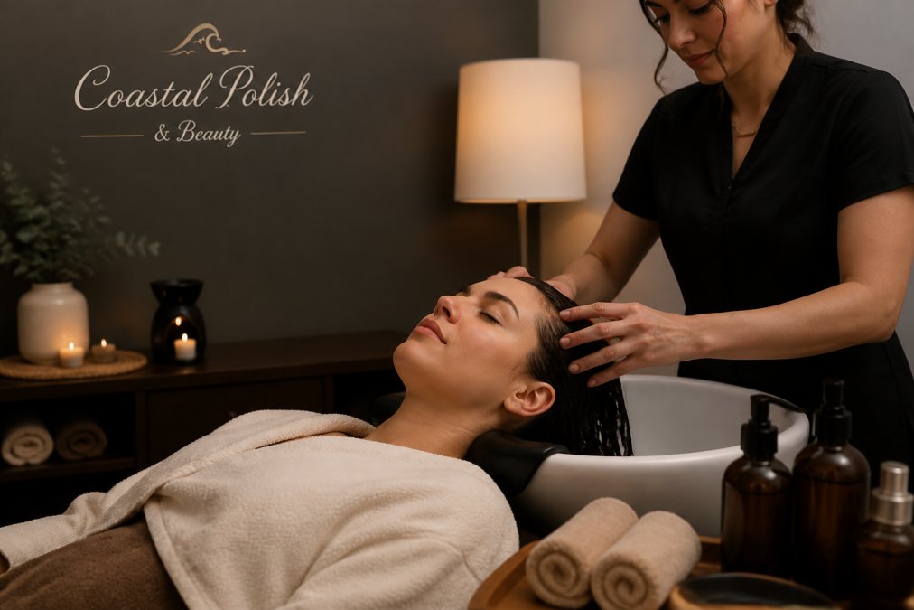 A woman reclining in a softly lit treatment room with eyes closed while a technician performs a scalp massage, warm towels and botanical oils nearby, calm spa atmosphere