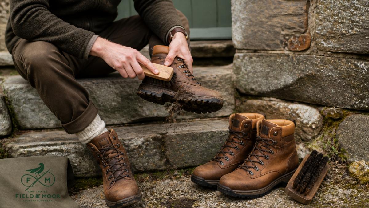 A person sitting on a stone step in a country setting, brushing mud from a pair of tan leather hiking boots with a horse hair brush, with a second pair of boots and a boot brush beside them on the ground