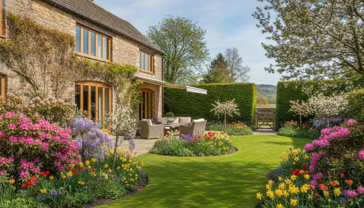 Professional illustration showing luxury holiday rentals with enclosed garden