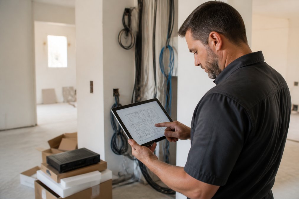 An AV integrator in a work shirt reviewing lighting control plans on a tablet inside a large home under construction, with exposed wiring and unboxed equipment visible in the background