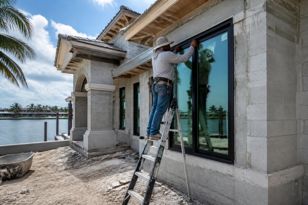 Infographic showing luxury home builders installing hurricane windows in coastal Florida construction projects