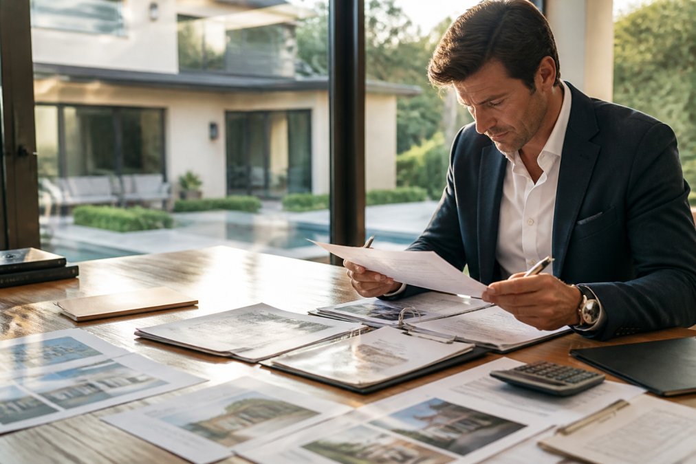 High-net-worth buyer reviewing property documents and comparative market analysis spread across a desk, with a luxury home visible through windows in the background, natural afternoon lighting