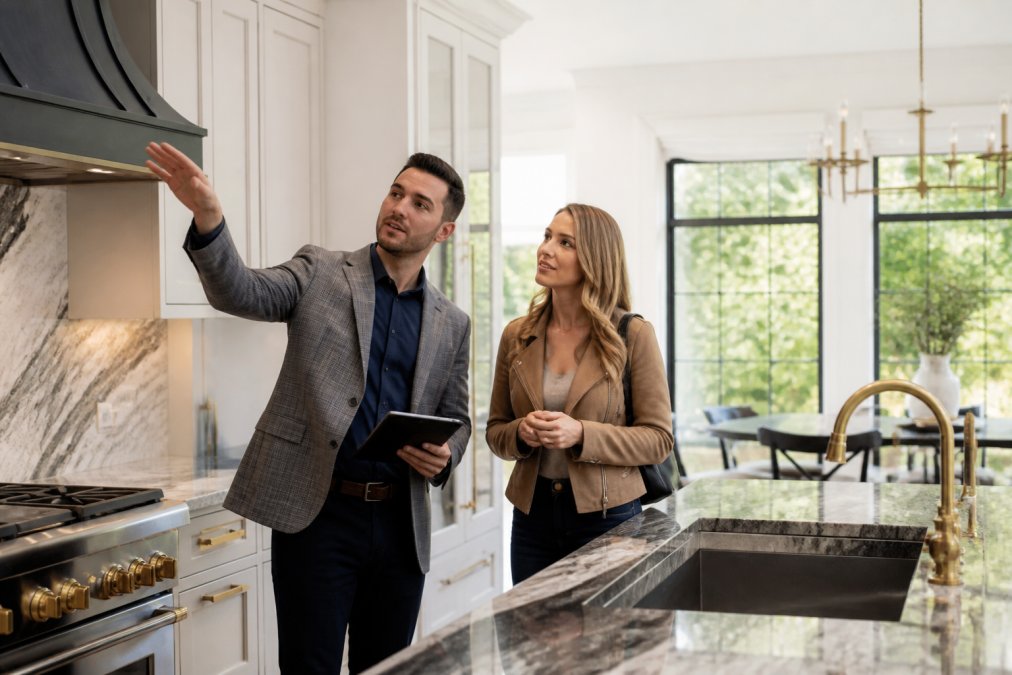 Real estate advisor and client walking through a luxury home's architectural details, examining high-end fixtures and finishes during a detailed property inspection, with natural light from large windows