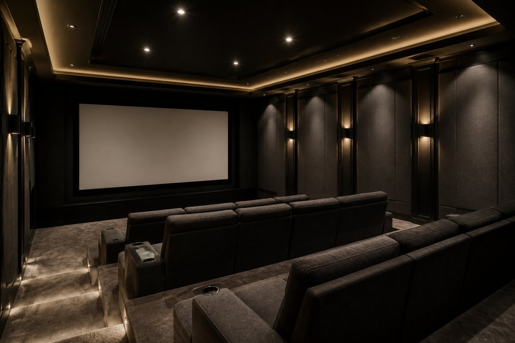 Interior view of finished luxury home cinema room with tiered seating, large projection screen, ambient recessed lighting, and acoustic treatment panels on walls