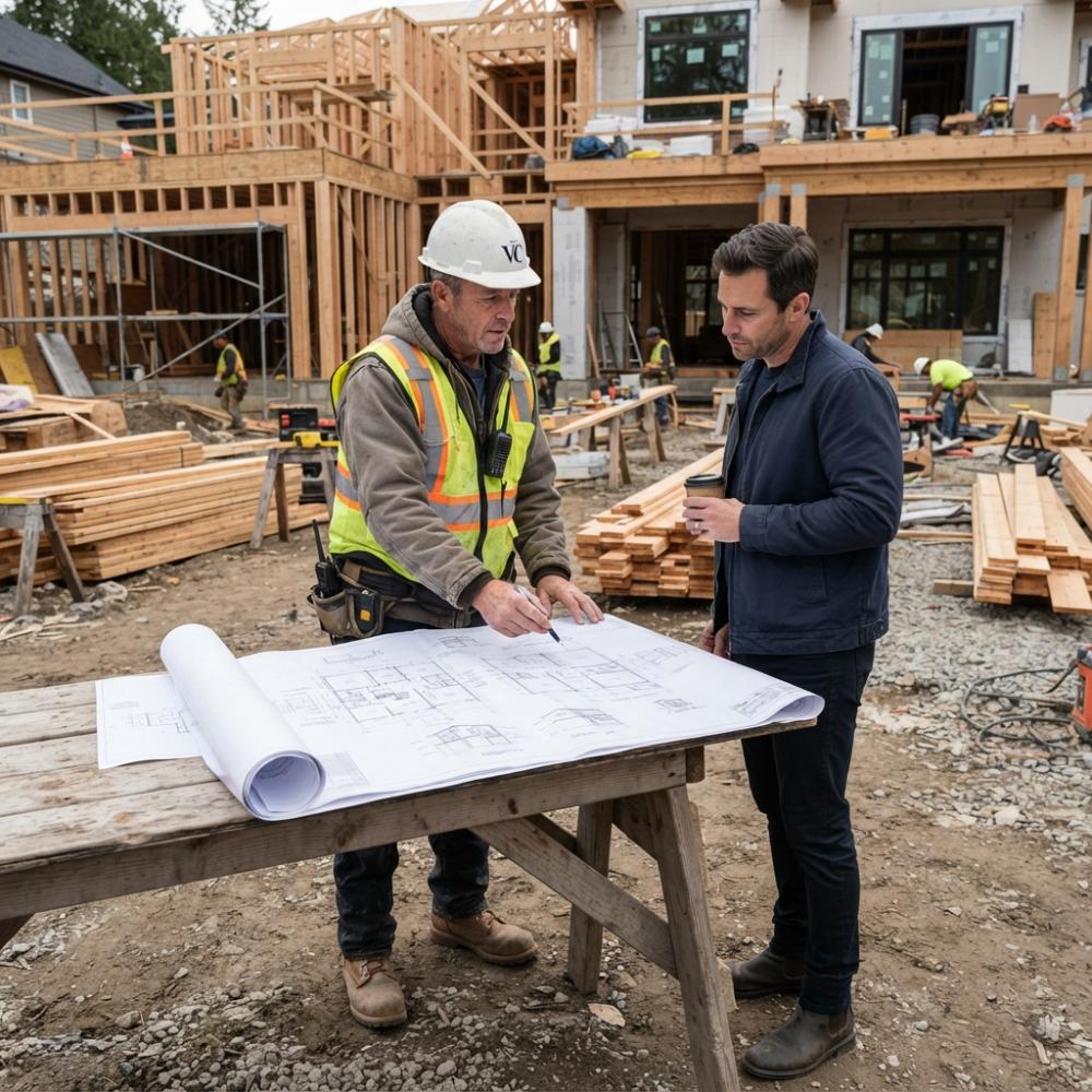 Construction supervisor reviewing blueprints with a homeowner during luxury home construction management.
