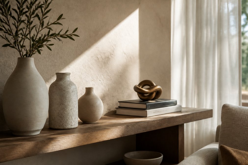 A sunlit living room shelf styled with three ceramic vases of varying heights, a stack of art books, and a small brass sculpture, with linen curtains diffusing afternoon light across a plaster wall